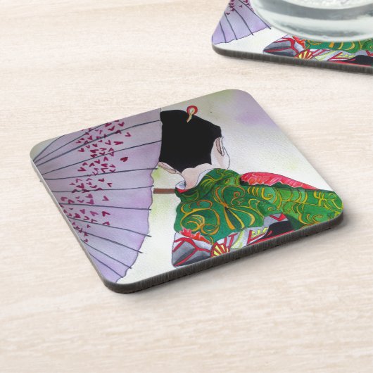 Japanische Geisha-Kunst mit Kimono und Schirm Untersetzer (Linke Seite)