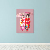 Japanische Geisha Ladys Rosa Kimono Originalkunst Leinwanddruck (Insitu (Holzboden))