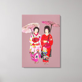 Japanische Geisha Ladys Rosa Kimono Originalkunst Leinwanddruck