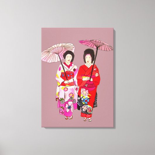 Japanische Geisha Ladys Rosa Kimono Originalkunst Leinwanddruck (Vorderseite)