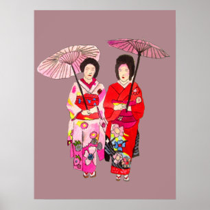 Japanische Geisha-Mädchen mit Schirm-Originalkunst Poster
