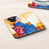 Japanische Geisha mit blauem Kimono Untersetzer (Linke Seite)