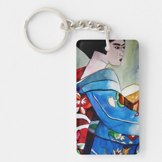 Japanische Geisha mit blauer Kimono-Kunst Schlüsselanhänger (Vorderseite)