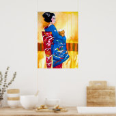 Japanische Geisha mit blauer Kimono-Originalkunst Poster (Küche)