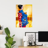 Japanische Geisha mit blauer Kimono-Originalkunst Poster (Heimbüro)