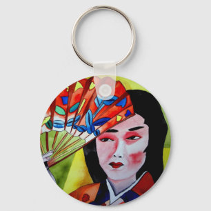 japanische Geisha mit Fan-Aquarell-Vorlagenkunst Schlüsselanhänger