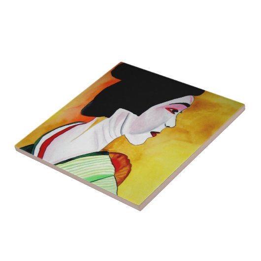Japanische Geisha mit grüner Kimono-Originalkunst Fliese (Seite)