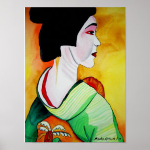 Japanische Geisha mit grüner Kimono-Originalkunst Poster
