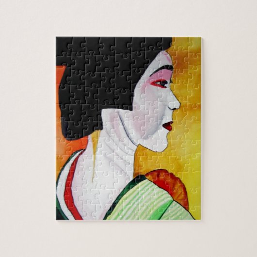 Japanische Geisha mit grüner Kimono-Originalkunst Puzzle (Vertikal)