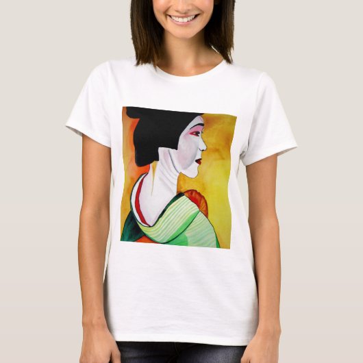 Japanische Geisha mit grüner Kimono-Originalkunst T-Shirt (Vorderseite)