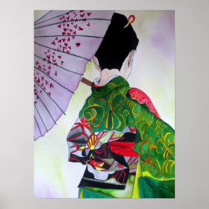 Japanische Geisha mit Kimono und lila Schirm Poster