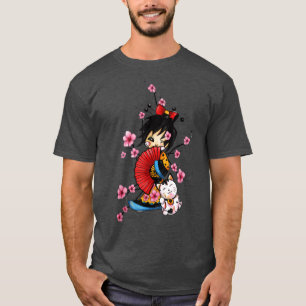 Japanische Geisha mit Luckt maneki neko cat sakura T-Shirt