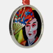 japanische Geisha mit originaler Kunstmalerei Silbernes Ornament (Rechts)
