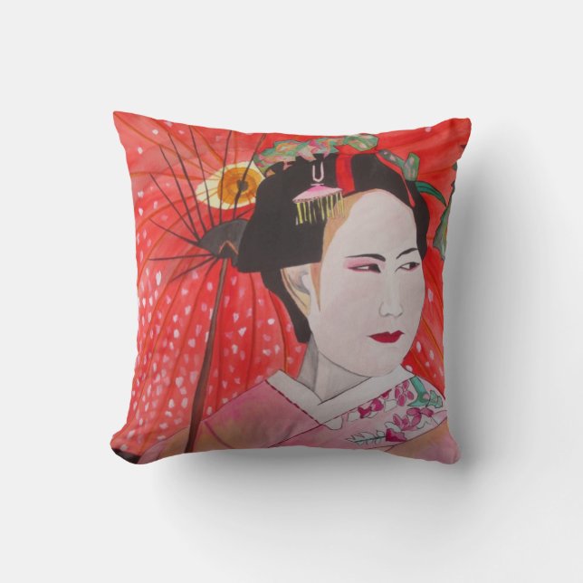 Japanische Geisha mit rotem Schirm Kissen (Vorderseite)
