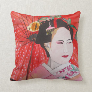 Japanische Geisha mit rotem Schirm Kissen