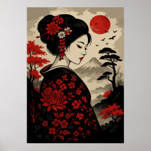 Japanische Geisha mit roten Blume und dem Fuji Poster