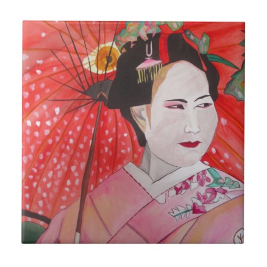 Japanische Geisha mit roter Schirmherrschaft Fliese (Vorderseite)