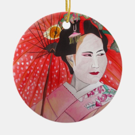 Japanische Geisha mit roter Schirmherrschaft Keramikornament (Vorne)