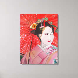 Japanische Geisha mit roter Schirmherrschaft Leinwanddruck