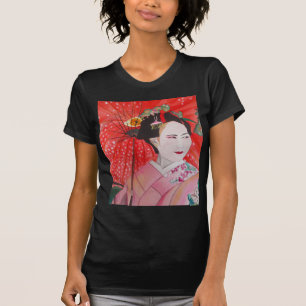 Japanische Geisha mit roter Schirmherrschaft T-Shirt