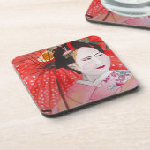 Japanische Geisha mit roter Schirmherrschaft Untersetzer (Linke Seite)