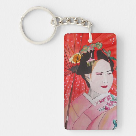 Japanische Geisha mit roter Schirmkunst Schlüsselanhänger (Vorderseite)
