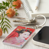 Japanische Geisha mit roter Schirmkunst Schlüsselanhänger (Vorderseite rechts)