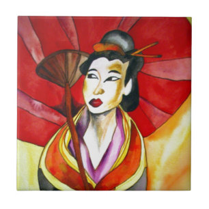 Japanische Geisha-Originalkunst Aquarellmalerei Fliese