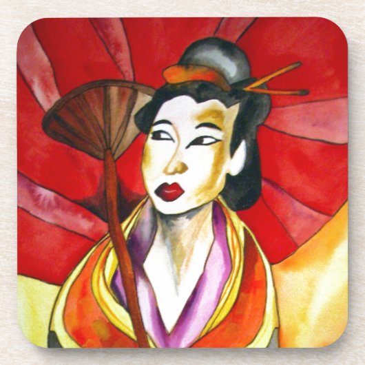 Japanische Geisha-Originalkunst Aquarellmalerei Getränkeuntersetzer (Vorderseite)