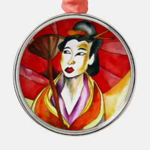 Japanische Geisha-Originalkunst Aquarellmalerei Ornament Aus Metall