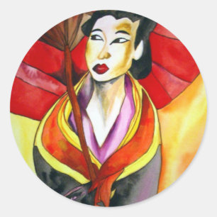 Japanische Geisha-Originalkunst Aquarellmalerei Runder Aufkleber