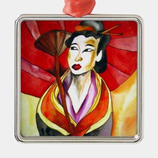 Japanische Geisha-Originalkunst Aquarellmalerei Silbernes Ornament (Vorne)