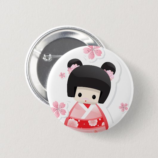 Japanische Geisha-Puppe - Brötchen-Reihenknopf Button (Vorne & Hinten)