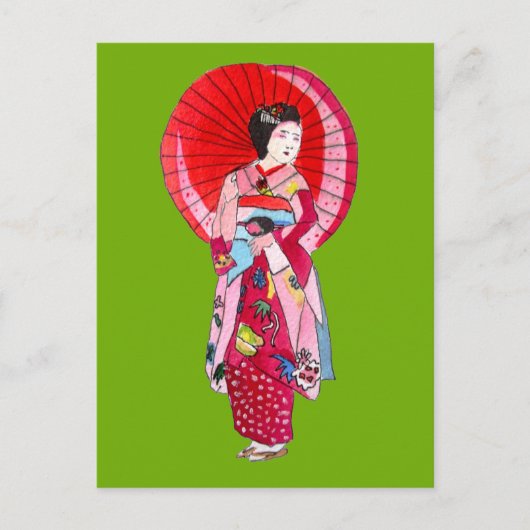 Japanische Geisha-Rote Kimono-niedliche Kunst Postkarte (Vorderseite)