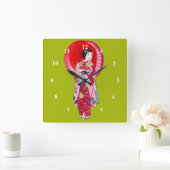 Japanische Geisha-Rote Kimono-niedliche Kunst Quadratische Wanduhr (Zuhause)