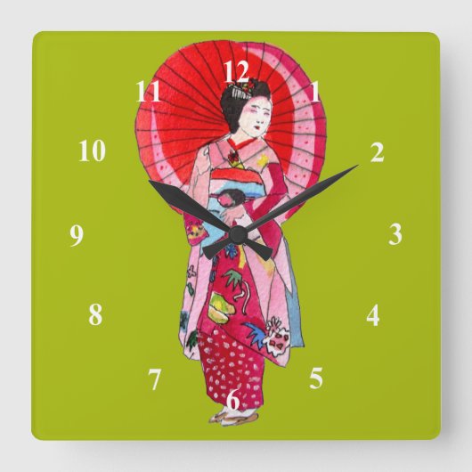 Japanische Geisha-Rote Kimono-niedliche Kunst Quadratische Wanduhr (Vorderseite)