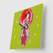 Japanische Geisha-Rote Kimono-niedliche Kunst Quadratische Wanduhr (Winkel)