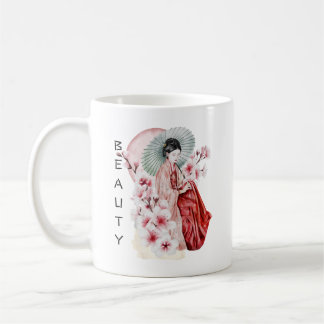Japanische Geisha Wasserfarbe mit Kimono und Sakur Kaffeetasse