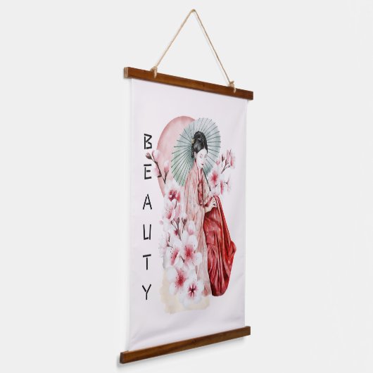 Japanische Geisha Wasserfarbe mit Kimono und Sakur Wandteppich Mit Holzrahmen (Gewinkelt)