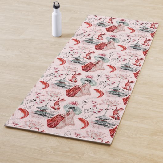 Japanische Girl Pagoda Koi Roter Rosa Yogamatte (Beispiel)