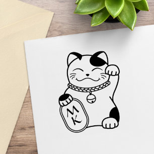 Japanische Glückskatze, Maneki Neko - Monogramm Gummistempel