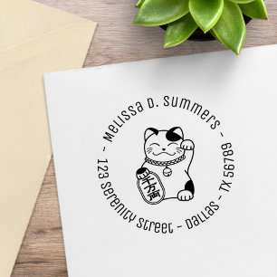 Japanische Glückskatze, Maneki Neko Runde Adresse  Gummistempel