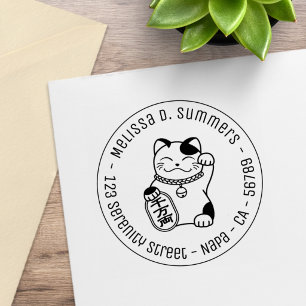 Japanische Glückskatze, Maneki Neko Runde Adresse  Gummistempel