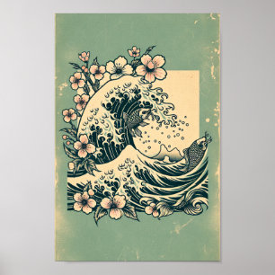 Japanische Great Wave Koi-Fische & Kirschblüten-Ku Poster