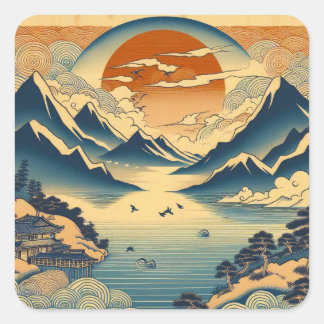 Japanische Holzschnitt-Berg-Sonnenuntergang-Tempel Quadratischer Aufkleber