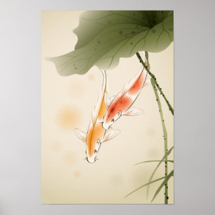 Japanische Karpfenfische schwimmen im Lotusteich Poster