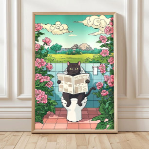 Japanische Katze auf Toilette Druck, Lustiger Bade Poster