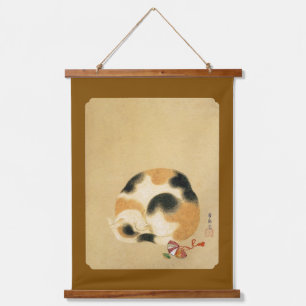 Japanische Katze Calico, Hanabusa Itchō Wandteppich Mit Holzrahmen