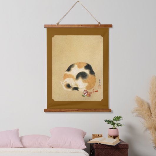 Japanische Katze Calico, Hanabusa Itchō Wandteppich Mit Holzrahmen (Schlafzimmer)