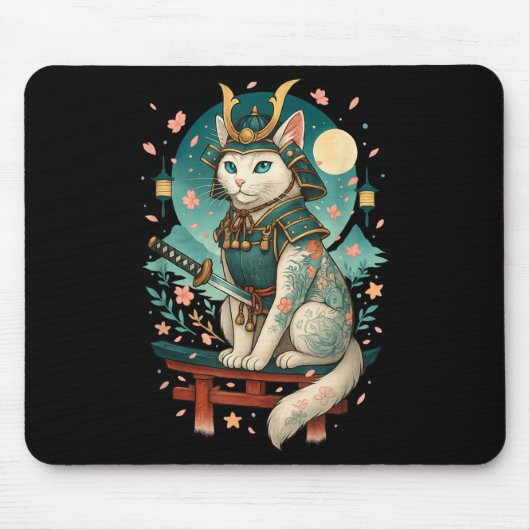 Japanische Katze Cherry Blossom Samurai Moonlight Mousepad (Vorne)